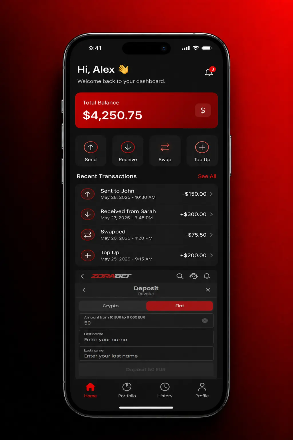 ZoraBet app deposit instructions for Romania users showing Cashier section with payment options and 20 RON minimum