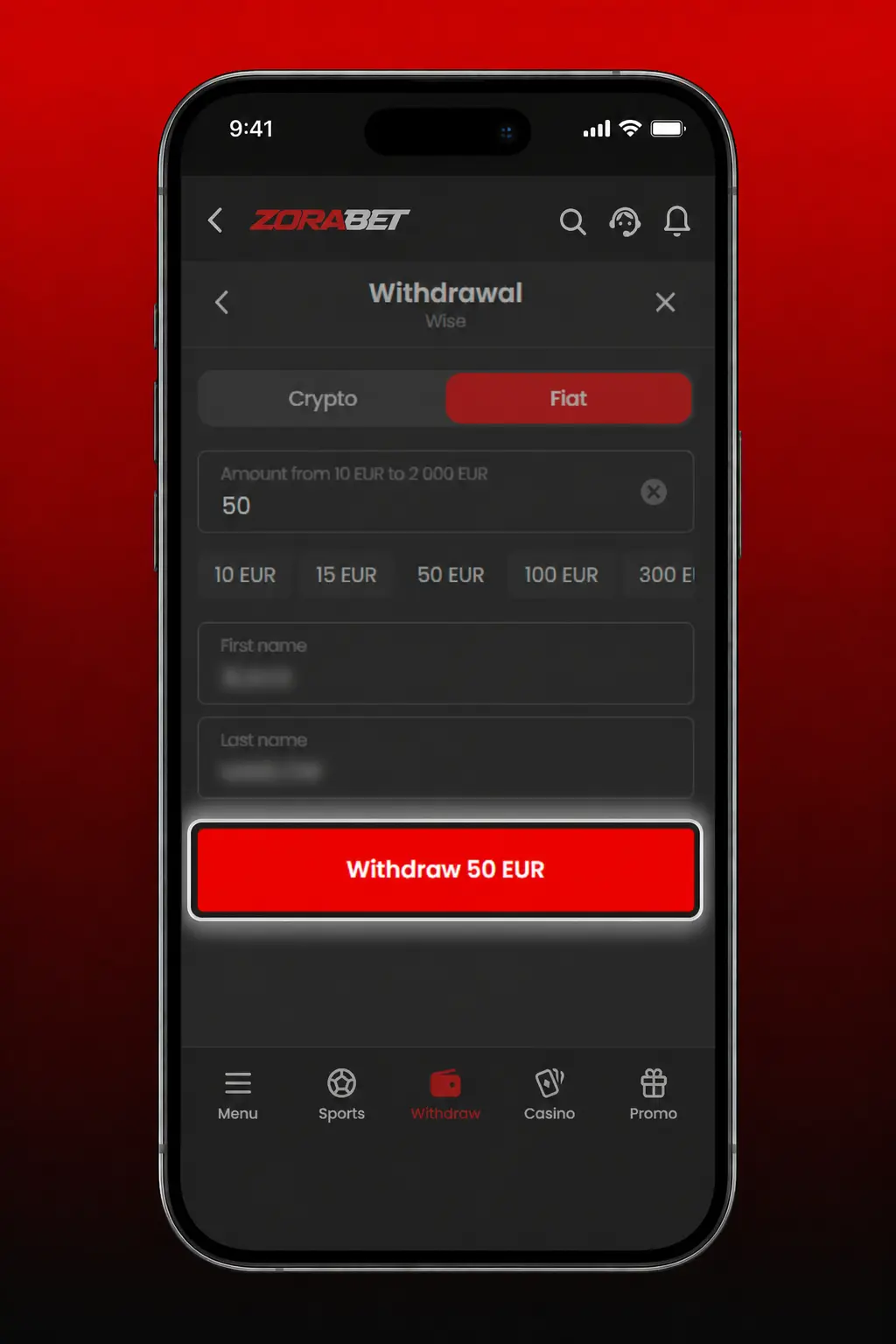 ZoraBet app withdrawal process showing cashier tab, payment methods, and confirm button on mobile screen